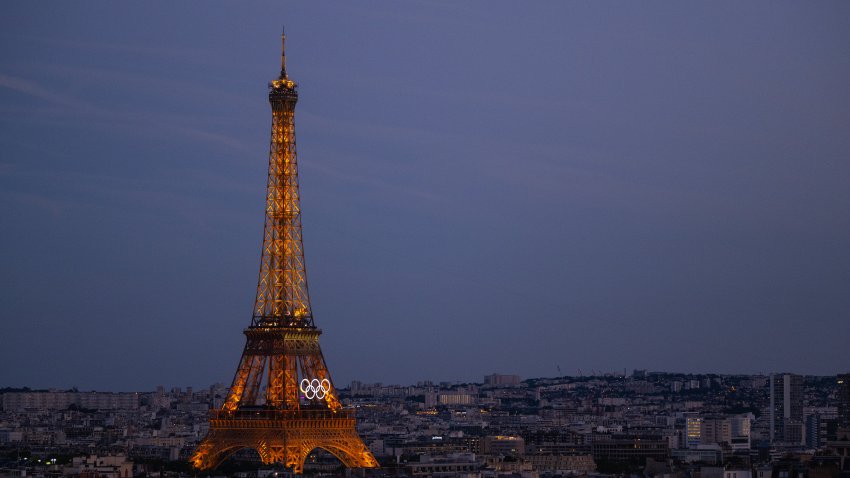 PARIS, FRANCE – JULY 21: A general view of the Eiffel Tower with the Olympic Rings from the Arc de Triomphe ahead of the Opening Ceremony of the Paris 2024 Olympic Games on July 21, 2024 in Paris, France.