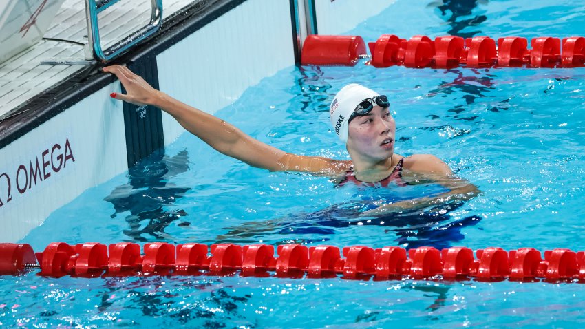 NANTERRE, FRANCE – JULY 27: Torri Huske of Team USA reacts after competing in the Women’s 100m Butterfly Heats on day one of the Olympic Games Paris 2024 at Paris La Defense Arena on July 27, 2024 in Nanterre, France. (Photo by Jean Catuffe/Getty Images)