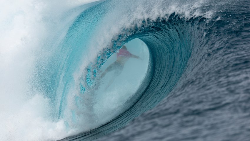 John John Florence of Team United States falls during round three of surfing on day three of the Olympic Games Paris 2024 on July 29, 2024 in Teahupo'o, French Polynesia.