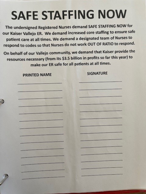 Nurses passed around a petition asking for safe staffing at the Kaiser Permanente facility.