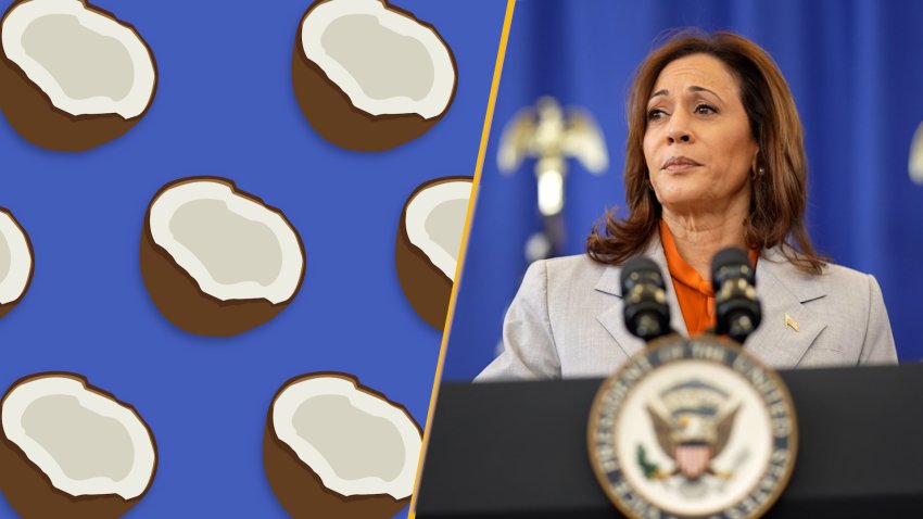 Split screen with Kamala Harris and coconut emojis