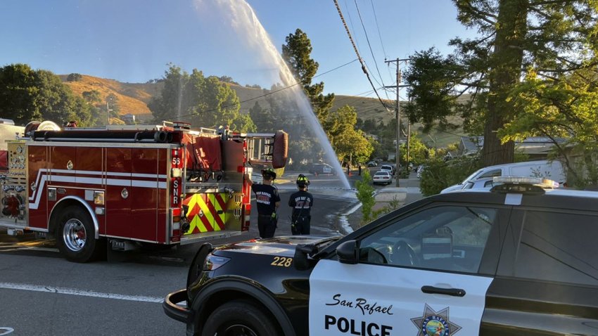 A broken water main in San Rafael sends a geyser into the air Tuesday morning. (July 2, 2024)