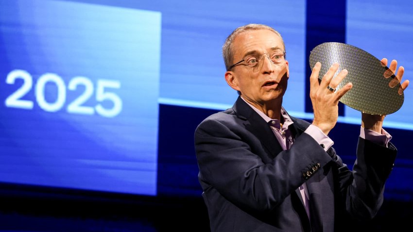 Intel CEO Pat Gelsinger holds a sample of a wafer during his keynote speech at the Computex conference in Taipei on June 4, 2024.