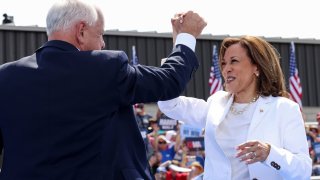 U.S. Vice President and Democratic presidential candidate Kamala Harris and her running mate Minnesota Governor Tim Walz hold a campaign event in Eau Claire, Wisconsin, U.S., August 7, 2024. 