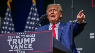 Republican presidential nominee former President Donald Trump speaks at a campaign event at Harrah’s Cherokee Center on August 14, 2024 in Asheville, North Carolina.
