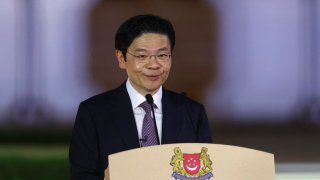 Singapore’s new Prime Minister Lawrence Wong makes a speech after being sworn in at the Istana in Singapore on May 15, 2024.