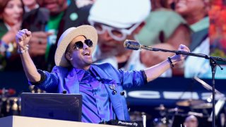 DJ Cassidy speaks during roll call at the 2024 Democratic National Convention at United Center in Chicago on Aug. 20, 2024.