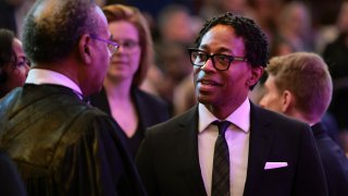 Rev. Emanuel Cleaver II, left, of Kansas City, talks with St. Louis County prosecutor Wesley Bell before the memorial service for former U.S. Sen. Jean Carnahan in St. Louis on Saturday, Feb. 10, 2024.