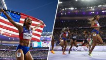 Gabby Thomas of Team United States celebrates winning the women's 200m final at the Stade de France during the 2024 Paris Summer Olympic Games in Paris, France.