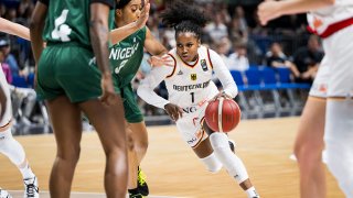 Alexis Peterson from Team Germany dribbles the ball during the preparation match between Germany and Nigeria on July 19, 2024 in Berlin, Germany.