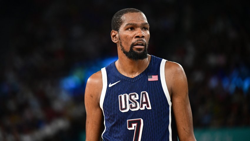 PARIS, FRANCE – AUGUST 06: Kevin Durant of US in action during the quarterfinal between USA and Brazil on day eleven of the Olympic Games Paris 2024 at Bercy Arena on August 06, 2024 in Paris, France. (Photo by Mehmet Murat Onel/Anadolu via Getty Images)