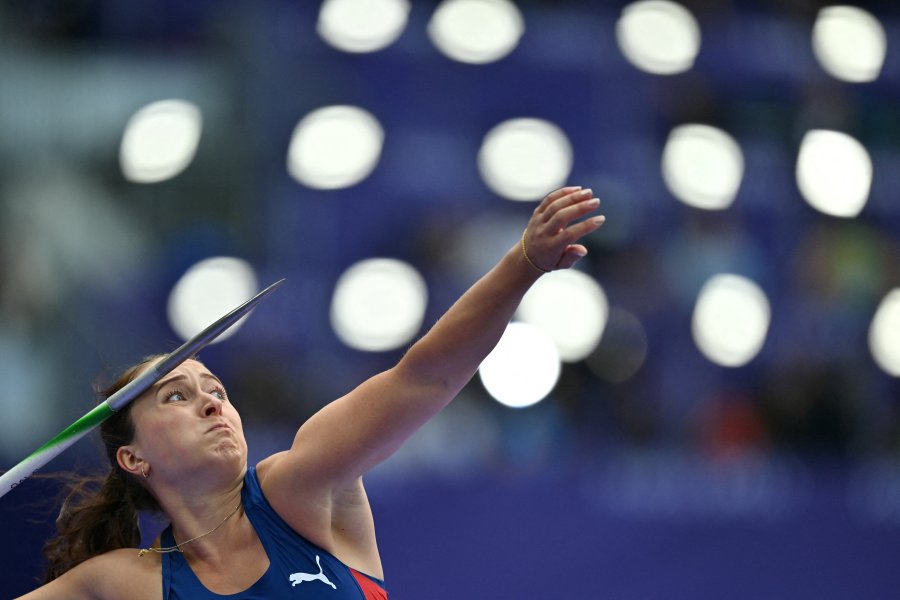 Norway's Marie-Therese Obst competes in the women's javelin throw qualification of the athletics event at the Paris 2024 Olympic Games at Stade de France in Saint-Denis, north of Paris, on August 7, 2024