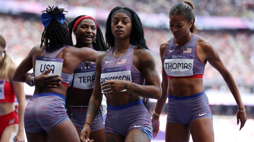 PARIS, FRANCE – AUGUST 08: Sha’carri Richardson, Twanisha Terry, Gabrielle Thomas, and Melissa Jefferson of Team United States react after competing in the in the Women’s 4 x 100m Relay Round 1  on day thirteen of the Olympic Games Paris 2024 at Stade de France on August 08, 2024 in Paris, France. (Photo by Hannah Peters/Getty Images)