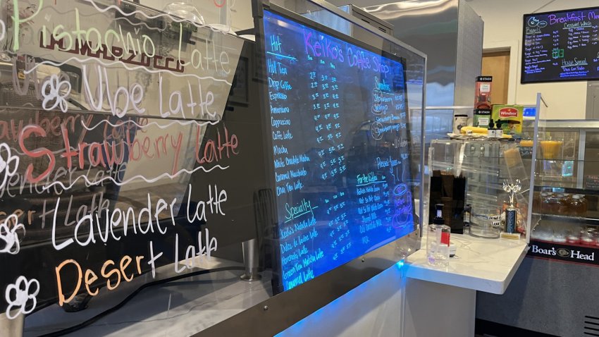 The inside of a coffee shop counter with a menu featuring different types of lattes in colored font.