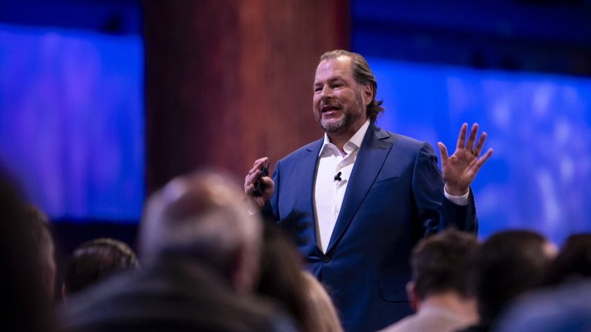 Marc Benioff, CEO of Salesforce.com, speaks during a keynote at the Dreamforce 2023 conference in San Francisco on Sept. 12, 2023.