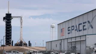 SpaceX’s Polaris Dawn Falcon 9 rocket sits on Launch Complex 39A of NASA’s Kennedy Space Center as it is prepared for another attempt to liftoff in Cape Canaveral, Florida, on Sept. 9, 2024.