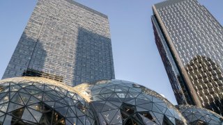 Corporate office buildings rise above The Spheres at the Amazon.com Inc. headquarters on November 14, 2022 in Seattle, Washington.