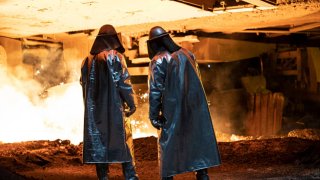 Steel worker at the blast furnace tap of the at the Salzgitter AG steelworks on March 02, 2020 in Salzgitter, Germany. 