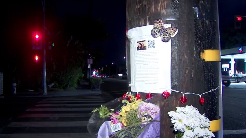 A make-shift memorial has been set up where a woman was fatally struck by a vehicle at the border of Burlingame and San Mateo. (Sept. 19, 2024)