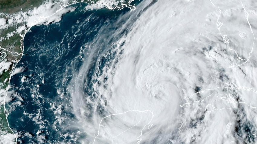 This GOES-16 GeoColor satellite image taken at 5:51 p.m. EDT and provided by National Oceanic and Atmospheric Administration (NOAA) shows Hurricane Helene in the Gulf of Mexico, Wednesday, Sept. 25 2024.