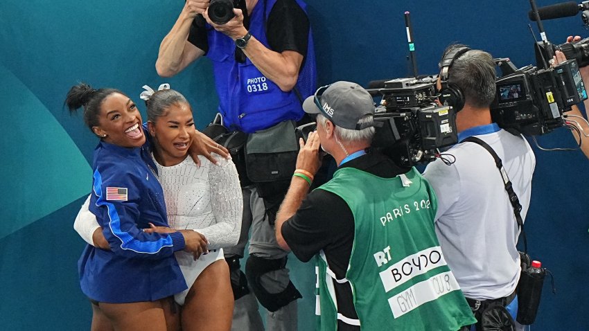 Gymnastics: 2024 Summer Olympics:  Team USA and silver medalist Simone Biles and bronze medalist Jordan Chiles victorious following the Women’s floor exercise final at Bercy Arena.
Paris, France 8/5/2024
CREDIT: Erick W. Rasco (Photo by Erick W. Rasco/Sports Illustrated via Getty Images)
(Set Number: X164573 TK1)