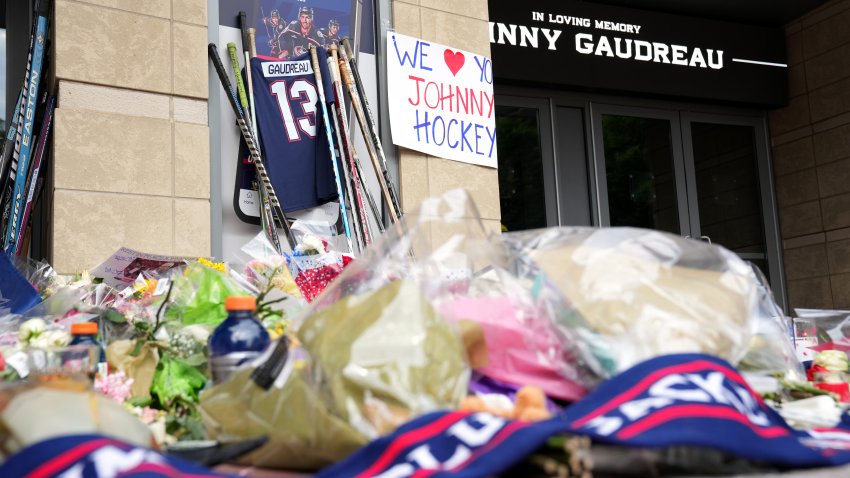 COLUMBUS, OHIO – AUGUST 31: A makeshift memorial grows outside Nationwide Arena for Columbus Blue Jackets forward Johnny Gaudreau at Nationwide Arena on August 31, 2024 in Columbus, Ohio. (Photo by Jason Mowry/Getty Images)