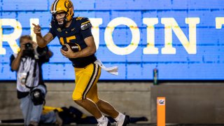 California quarterback Fernando Mendoza (15) gestures after a rushing touchdown during the first half of his NCAA football game against San Diego State in Berkeley, Calif., Saturday, Sept. 14, 2024. (Photo by Stephen Lam/San Francisco Chronicle via Getty Images)