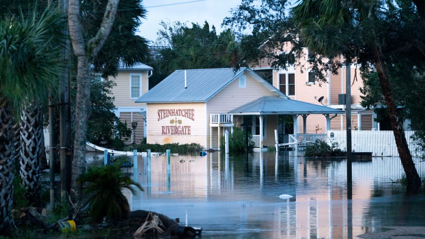 Floodwaters at Steinhatchee Rivergate in the aftermath of Hurricane Helene on September 27, 2024 near Steinhatchee, Florida.