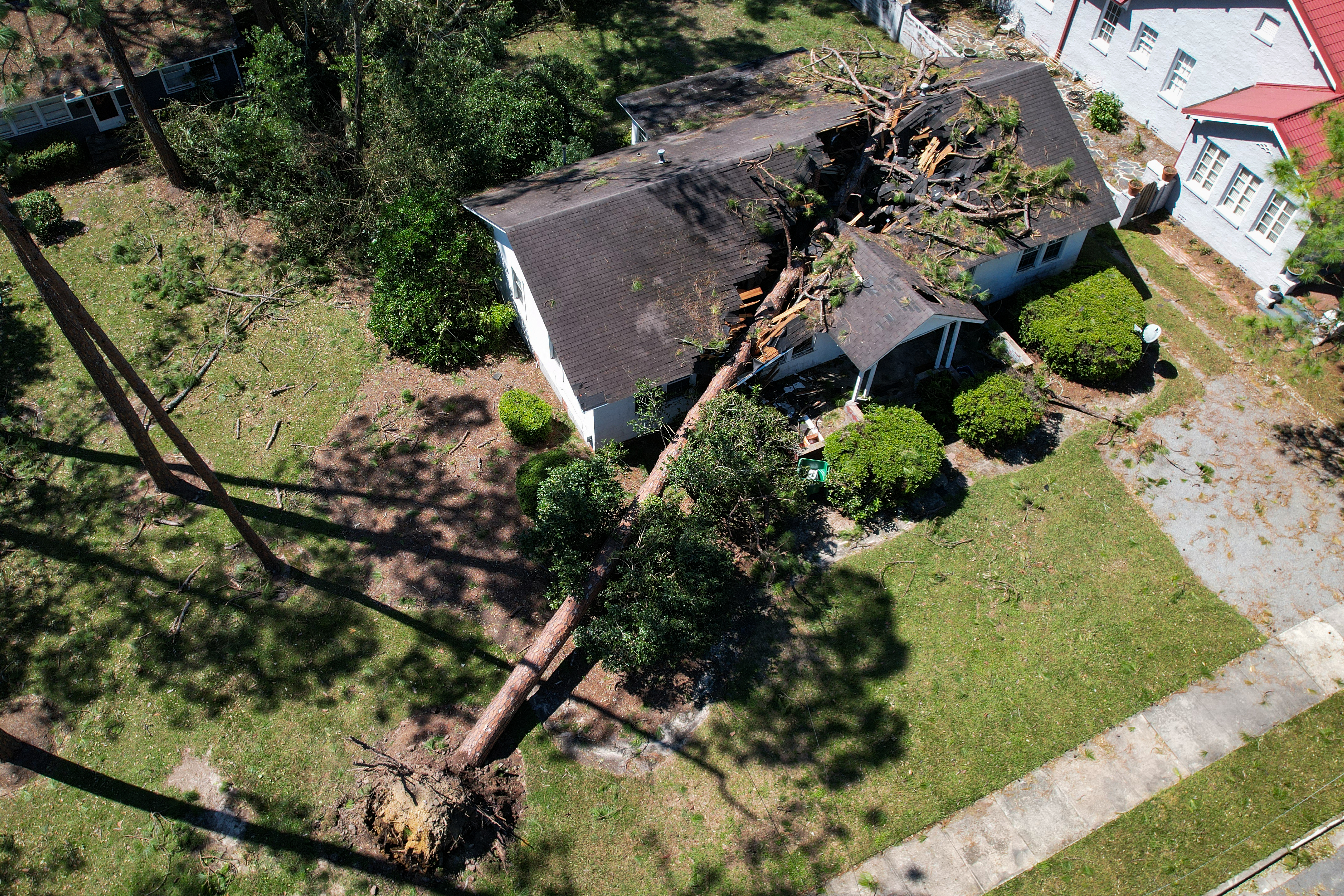 An aerial picture taken on September 28, 2024, shows storm damage in the aftermath of Hurricane Helene in Valdosta, Georgia.