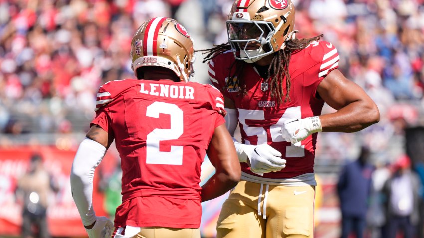 SANTA CLARA, CALIFORNIA – SEPTEMBER 29: Deommodore Lenoir #2 and Fred Warner #54 of the San Francisco 49ers celebrate in the first quarter against the New England Patriots at Levi’s Stadium on September 29, 2024 in Santa Clara, California.