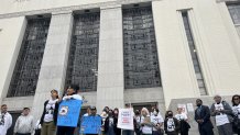 Edith Arenales, the mother of Mario Gonzalez, as well as supporters from the community gathered at a courthouse in Oakland to protest the effort to dismiss the charges 3 officers are facing connected to Gonzalez's death in 2021. September 20, 2024. NBC Bay Area Photo/ Alyssa Goard.