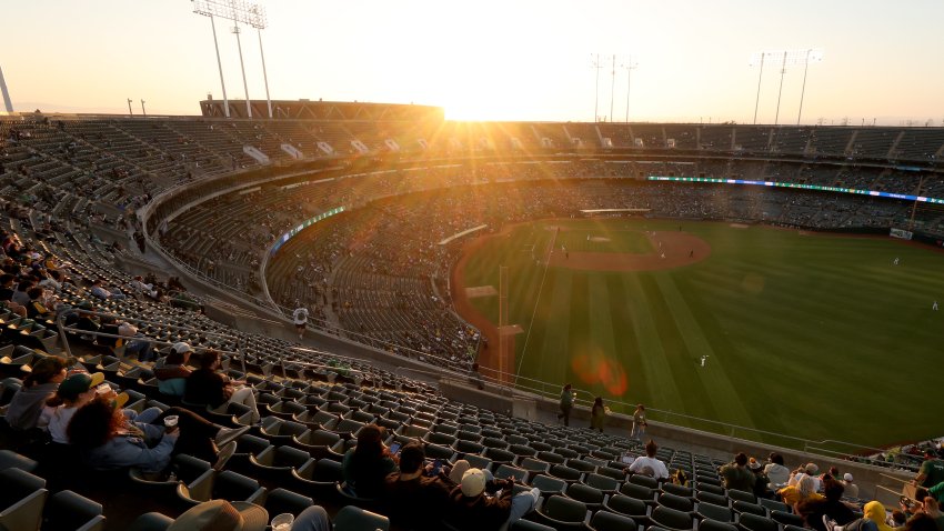 A general view of the Oakland Athletics playing against the Texas Rangers at the Oakland Coliseum.