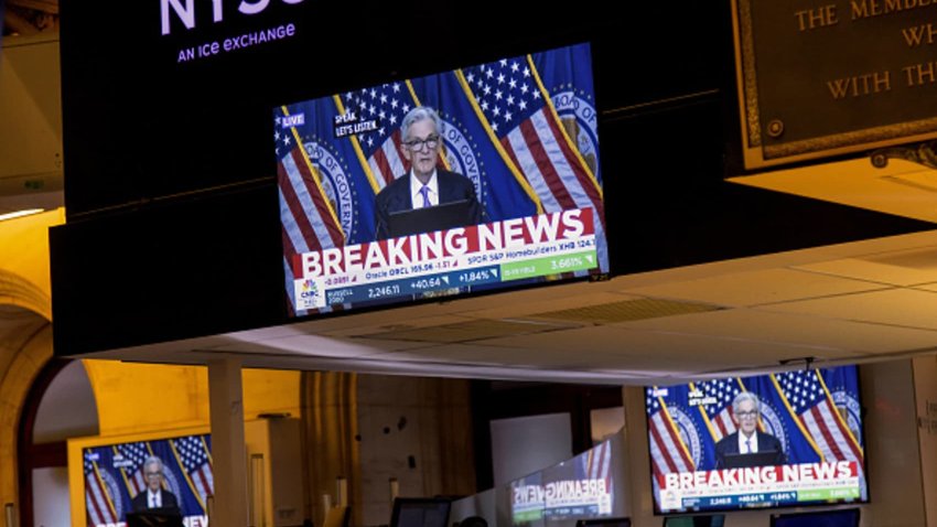 A television station broadcasts Jerome Powell, chairman of the US Federal Reserve, speaking after a Federal Open Market Committee (FOMC) meeting on the floor of the New York Stock Exchange (NYSE) in New York, US, on Wednesday, Sept. 18, 2024.