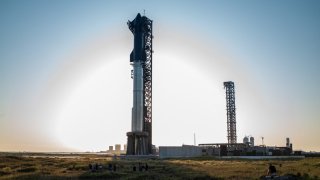 The SpaceX Starship sits on a launch pad at Starbase near Boca Chica, Texas, on October 12, 2024, ahead of the Starship Flight 5 test. The test will involve the return of Starship’s Super Heavy Booster to the launch site.