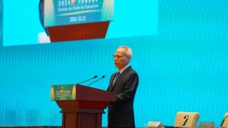 Sam Hou Fai delivers a speech at a polling booth at the China-Portuguese-speaking Countries Commercial and Trade Service Platform Complex on Oct. 13, 2024 in Macao.