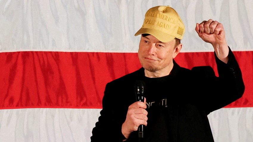 Tesla CEO and X owner Elon Musk, who supports Republican presidential nominee former U.S. President Donald Trump, gestures as he speaks about voting during an America PAC Town Hall in Folsom, Pennsylvania, U.S., October 17, 2024. 