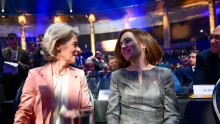 European Commision’s President Ursula von der Leyen (L) greets Moldova’s President Maia Sandu (R) at the beginning the beginning of the European People’s Party (EPP) Congress in Bucharest on March 6, 2024. 