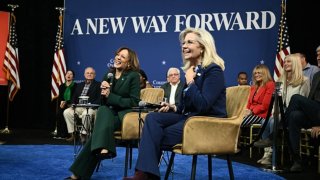 Vice President and Democratic presidential candidate Kamala Harris (L) holds a moderated conversation with Former US Rep. Liz Cheney, Republican of Wyoming, at People’s Light performing arts theater Malvern, Pennsylvania, on October 21, 2024. 