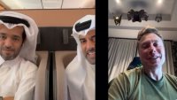 Qatar Airways Group CEO Badr Al Meer (center) and Qatar Tourism Chairman Saad bin Ali Al Kharji (left) speak with Elon Musk (right) via Starlink on board the flight.