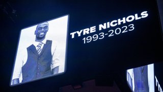 FILE - The screen at the Smoothie King Center in New Orleans honors Tyre Nichols before an NBA basketball game between the New Orleans Pelicans and the Washington Wizards, Jan. 28, 2023.