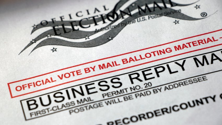 Closeup of a Vote by Mail envelope, official balloting material – business reply mail, USPS first class mail.