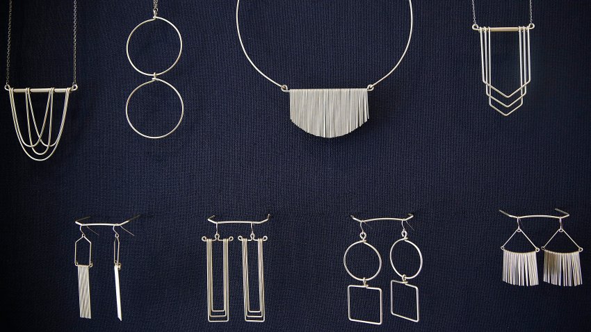 Earrings and necklaces.