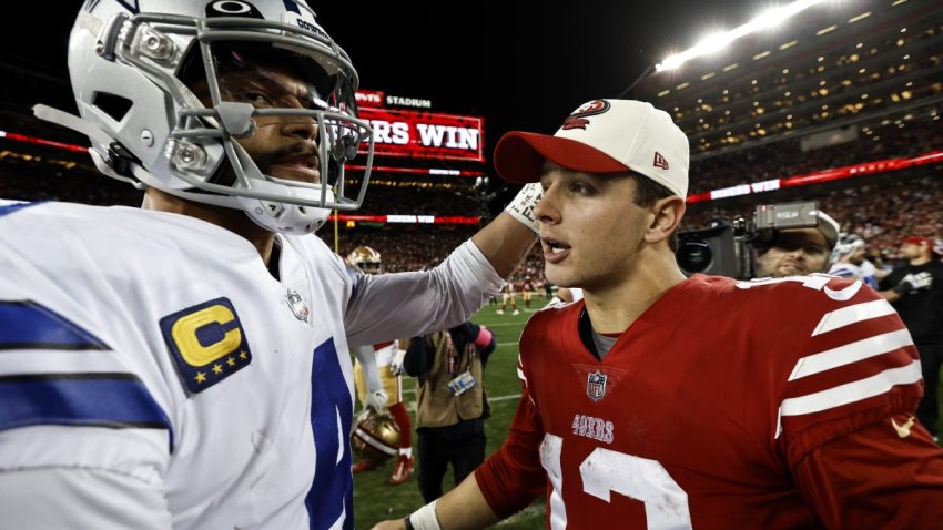 SANTA CLARA, CALIFORNIA – JANUARY 22: Brock Purdy #13 of the San Francisco 49ers meets with Dak Prescott #4 of the Dallas Cowboys following an NFL divisional round playoff football game between the San Francisco 49ers and the Dallas Cowboys at Levi’s Stadium on January 22, 2023 in Santa Clara, California. (Photo by Michael Owens/Getty Images)