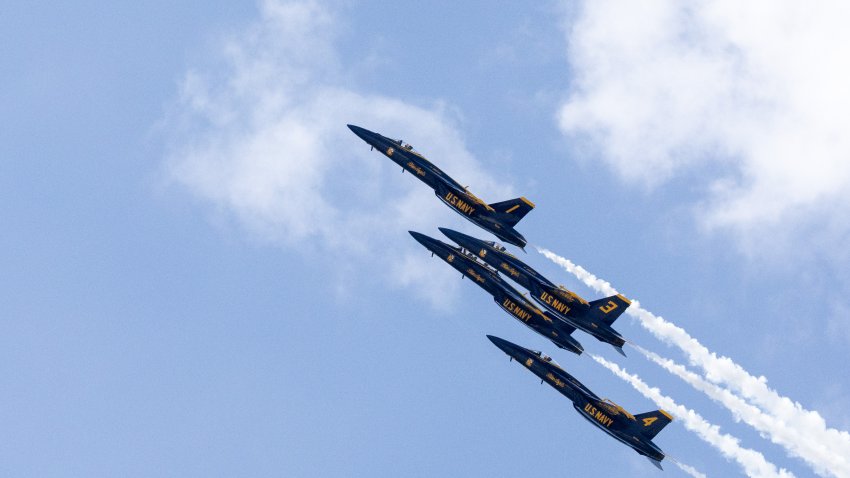 The U.S. Navy Blue Angels, flying the Boeing F/A-18.