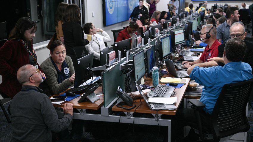 A view inside FEMA headquarters as US Vice President and Democratic presidential candidate Kamala Harris attends a briefing about the impacts of Hurricane Helene and updates on the federal response, at Federal Emergency Management Agency (FEMA) headquarters in Washington, DC, on September 30, 2024.