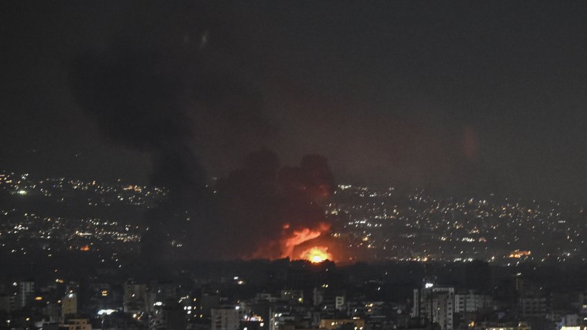 BEIRUT, LEBANON – OCTOBER 04: Smokes and flames rise over Dahieh area after the Israeli army carried out airstrikes in the south of the capital Beirut, Lebanon on October 04, 2024. (Photo by Murat Sengul/Anadolu via Getty Images)