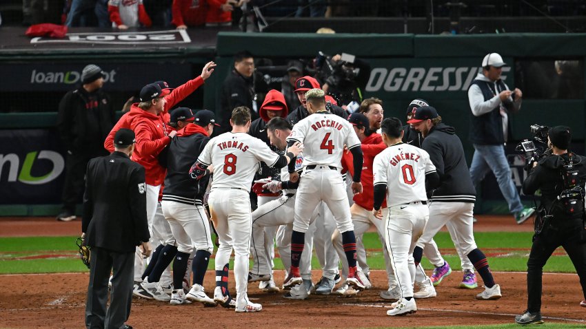 Guardians players celebrate Game 3 ALCS win