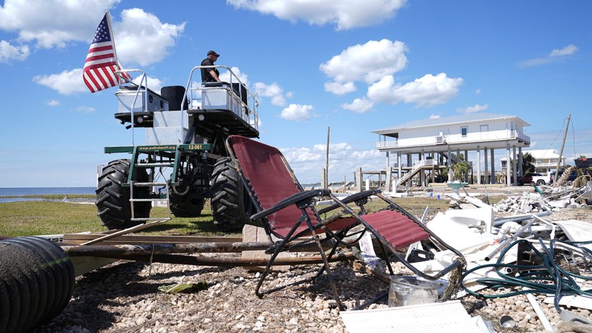 Security detail looks on as President Joe Biden greets people in Keaton Beach, Fla., Thursday, Oct. 3, 2024, during his tour of areas impacted by Hurricane Helene.