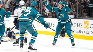 Sharks rookie Macklin Celebrini celebrates his goal in his NHL debut Thursday night. (Oct. 10, 2024)