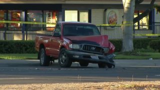 A damaged pickup at the scene of a major injury crash in Fremont. (Oct. 3, 2024)